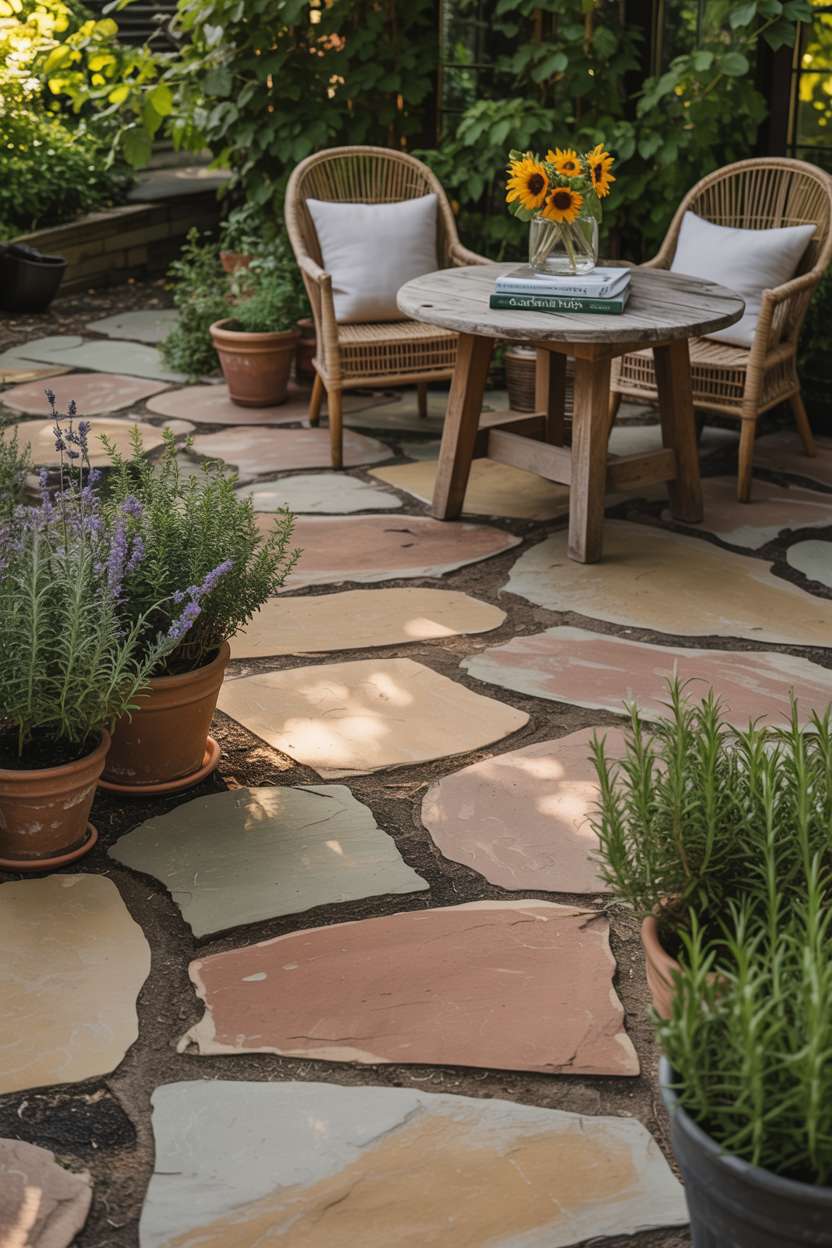 23 Flagstone Patio Design Ideas for a Stylish Outdoor Space 8 Flagstone patio with warm earthy-toned flowing pattern, featuring rustic wooden table with wicker chairs, lavender and rosemary plants, and sunflowers with garden books