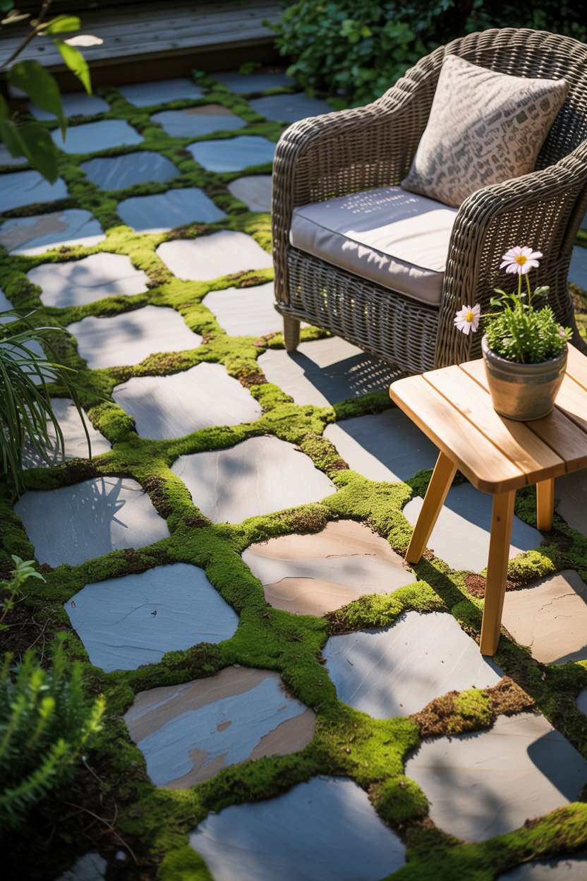 23 Flagstone Patio Design Ideas for a Stylish Outdoor Space 9 Charming flagstone patio with weathered gray herringbone pattern, creeping thyme and green moss between stones, featuring wicker chair with patterned cushions and wooden table with white daisy