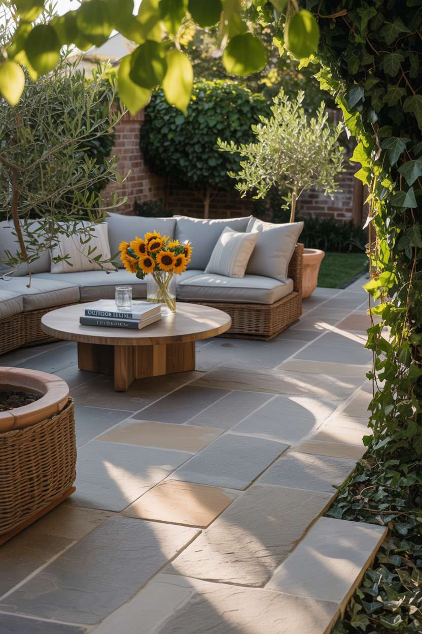 23 Flagstone Patio Design Ideas for a Stylish Outdoor Space 10 Backyard flagstone patio with circular seating area, grey cushions and wooden coffee table displaying sunflowers and design magazines, surrounded by potted olive trees and trailing ivy