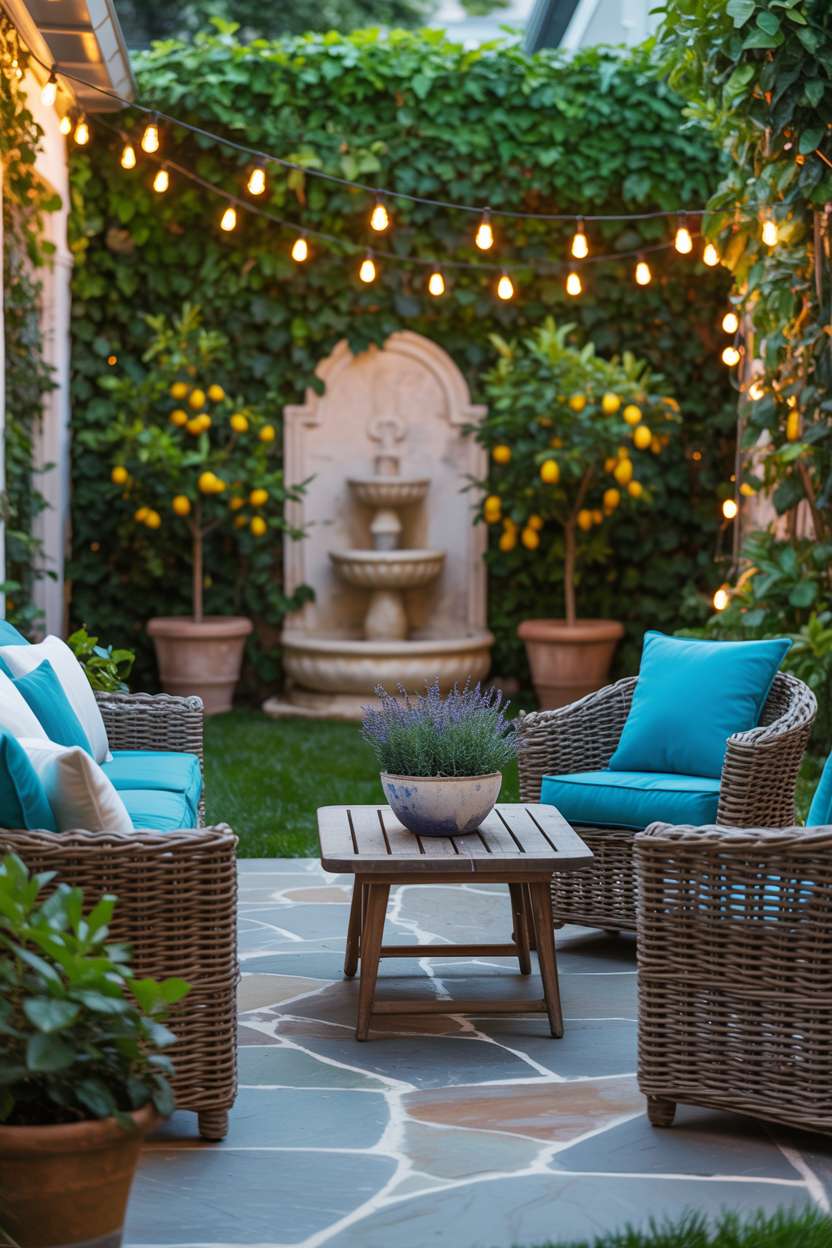 23 Flagstone Patio Design Ideas for a Stylish Outdoor Space 11 Flagstone patio with rattan furniture and vibrant turquoise cushions, wooden coffee table with lavender pot, string lights overhead, stone fountain with ivy and lemon trees