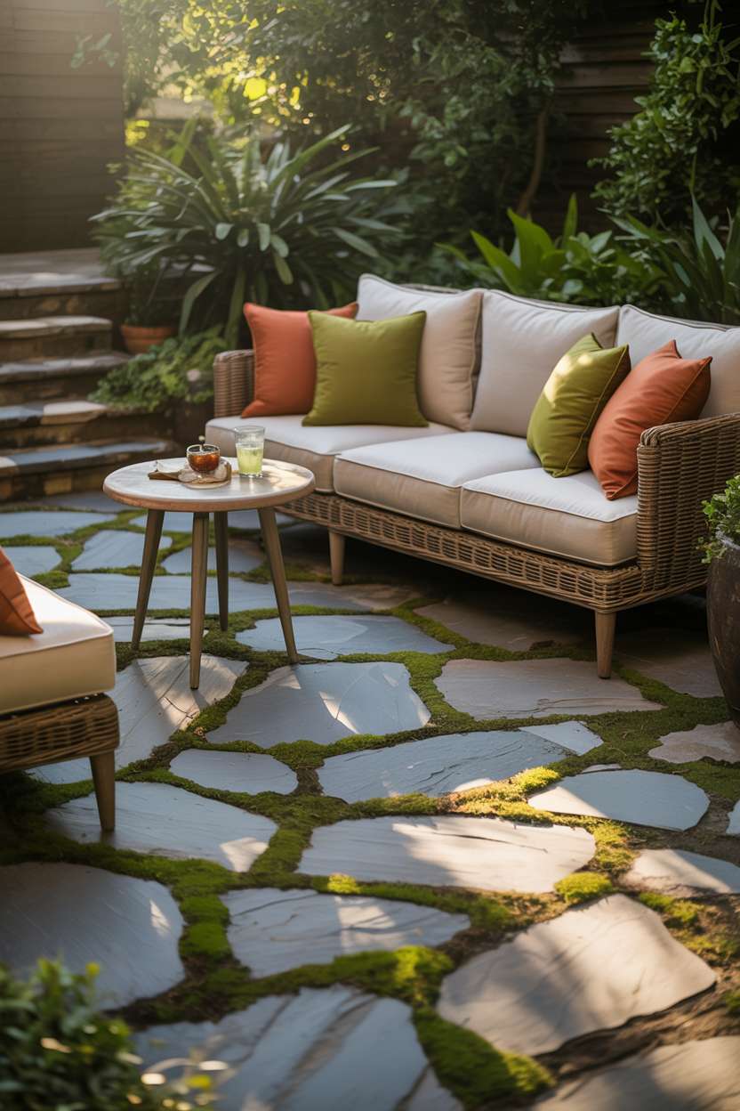 23 Flagstone Patio Design Ideas for a Stylish Outdoor Space 12 Flagstone patio with weathered gray flowing pattern and green moss, featuring cream linen outdoor sofa with terracotta and olive green pillows, wooden side table with lemonade