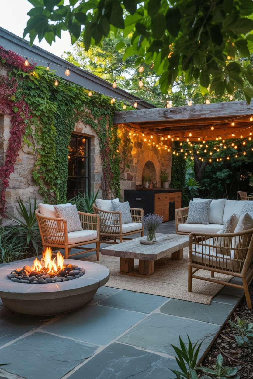 23 Flagstone Patio Design Ideas for a Stylish Outdoor Space 13 Renovated flagstone patio with circular fire pit and river rocks, rattan armchairs with patterned cushions around wooden coffee table with lavender, pergola with fairy lights and climbing ivy