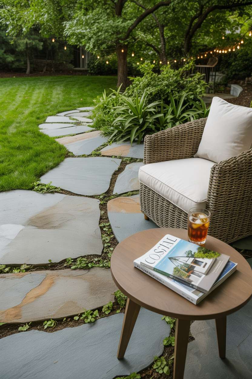 23 Flagstone Patio Design Ideas for a Stylish Outdoor Space 14 Flagstone patio with warm grey flowing pattern and creeping plants, featuring woven outdoor chair with cushions, wooden side table with iced tea and Coastal Living magazines