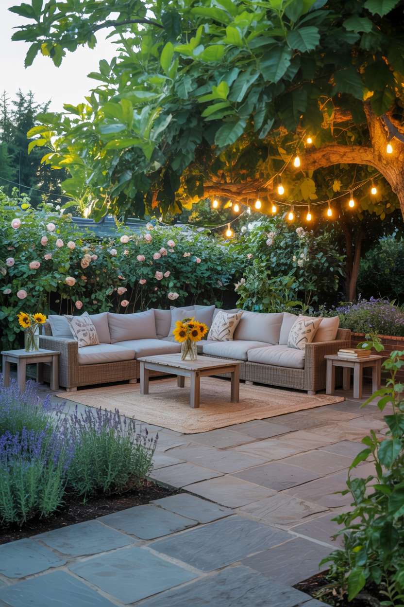23 Flagstone Patio Design Ideas for a Stylish Outdoor Space 15 Charming flagstone patio with gray sectional sofa and patterned pillows on woven rug, wooden coffee table with sunflowers, surrounded by climbing roses and lavender bushes under string lights