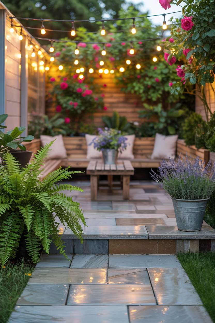 23 Flagstone Patio Design Ideas for a Stylish Outdoor Space 16 Flagstone patio with warm grey herringbone pattern and wooden bench, lined with green ferns and lavender plants, string lights overhead creating golden ambiance with wooden fence and climbing roses