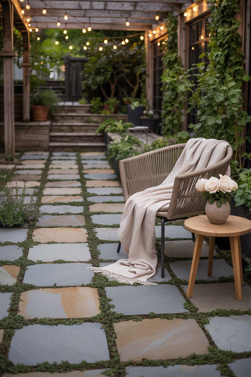 23 Flagstone Patio Design Ideas for a Stylish Outdoor Space 17 Flagstone patio with large grey and beige offset stones and creeping thyme, featuring woven armchair with cream throw blanket, wooden side table with white roses under pergola string lights