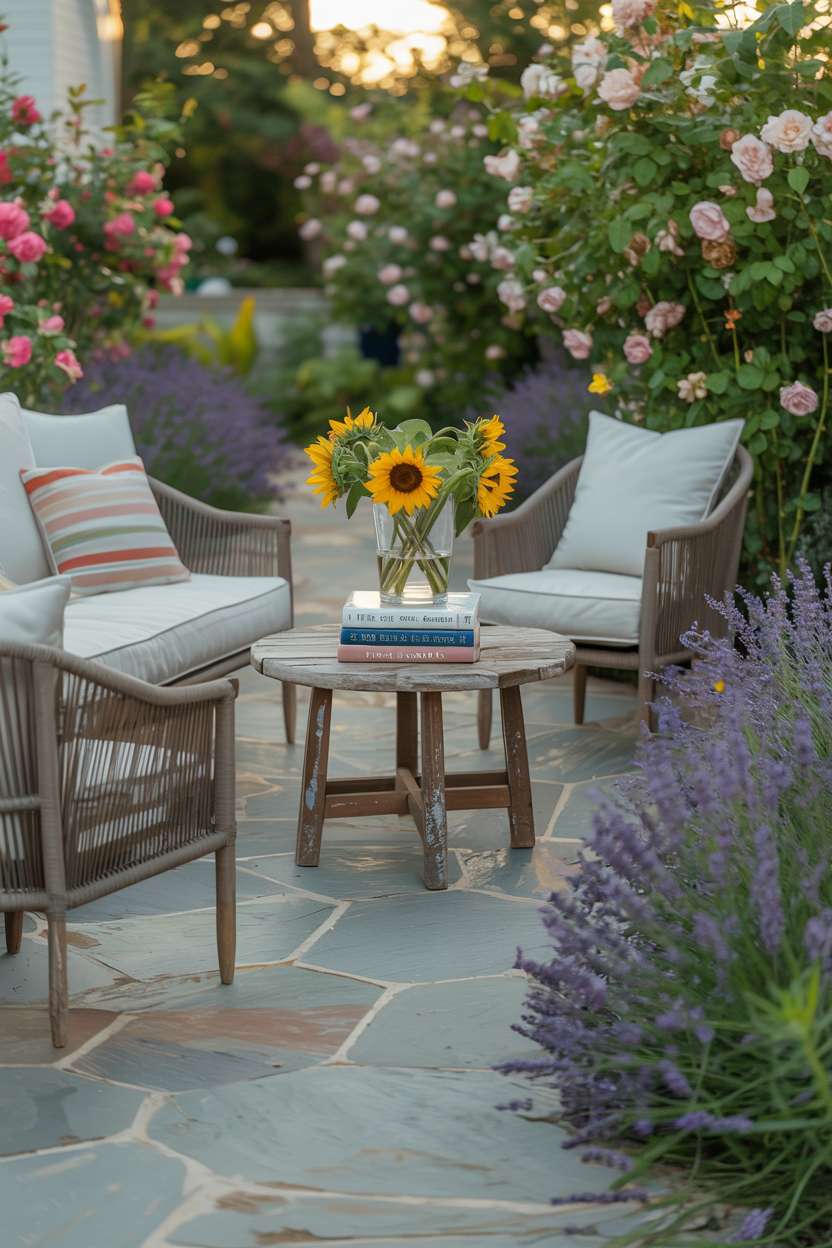 23 Flagstone Patio Design Ideas for a Stylish Outdoor Space 18 Backyard flagstone patio with rustic wooden table displaying sunflowers and books, surrounded by climbing roses and lavender bushes in golden afternoon light