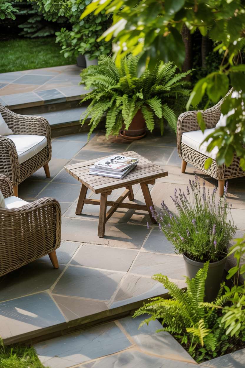 23 Flagstone Patio Design Ideas for a Stylish Outdoor Space 19 Flagstone patio with warm gray herringbone pattern, oversized wicker armchairs and rustic wooden coffee table with design magazines, surrounded by green ferns and potted lavender