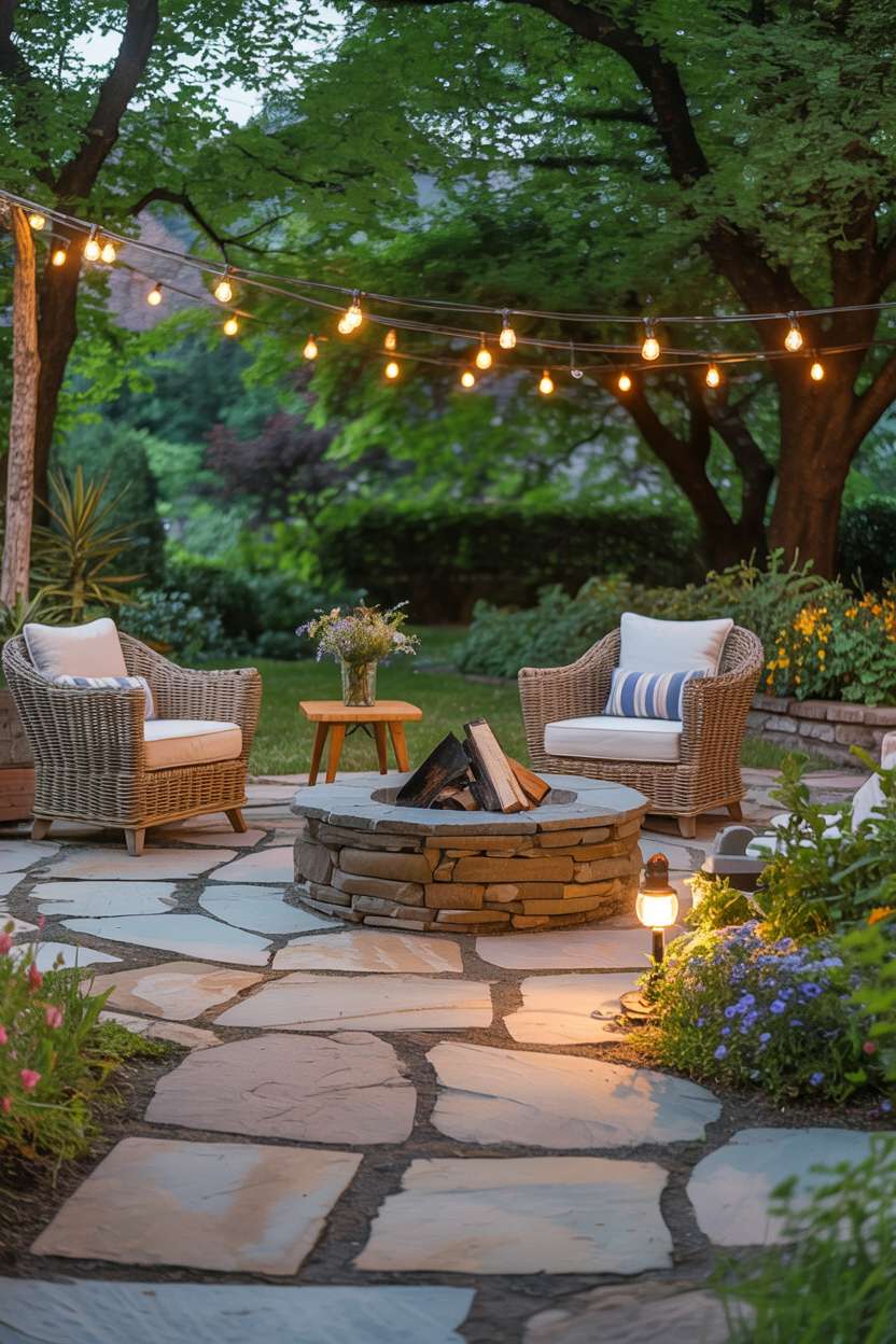 23 Flagstone Patio Design Ideas for a Stylish Outdoor Space 20 Flagstone patio with central rustic stone fire pit surrounded by woven rattan armchairs and wooden table with wildflowers, string lights overhead highlighting textured stones and mature trees