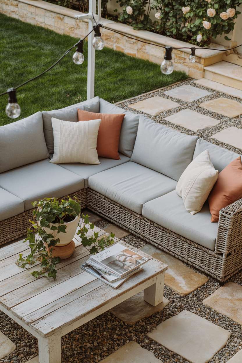23 Flagstone Patio Design Ideas for a Stylish Outdoor Space 21 Backyard patio with flagstone and pea gravel arrangement, grey sectional sofa with cream and terracotta throw pillows, weathered wooden coffee table with ivy planter and magazines