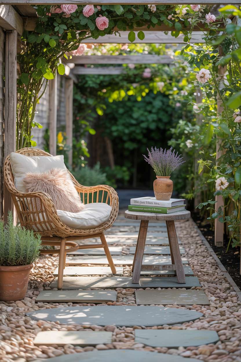 23 Flagstone Patio Design Ideas for a Stylish Outdoor Space 22 Charming flagstone and pea gravel patio with wicker chair and cream cushions, rustic wooden table with lavender and gardening books under rose-draped pergola