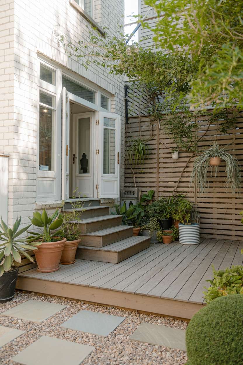 23 Flagstone Patio Design Ideas for a Stylish Outdoor Space 23 Modern outdoor entryway with gray wooden deck and white brick building, featuring wooden steps, terracotta planters with succulents and trailing vines, wooden privacy screen, and decorative stone pavers with gravel