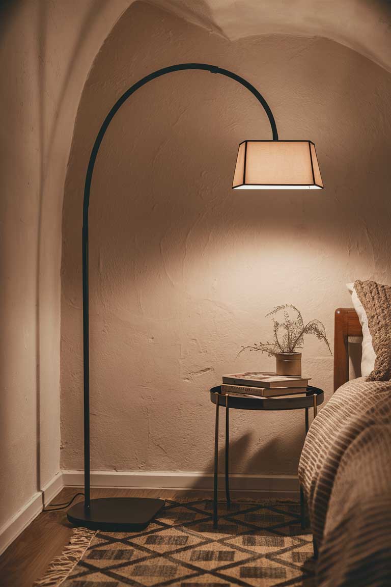 A sleek, arched floor lamp in matte black positioned in the corner of a bedroom. Its sculptural shape adds visual interest while providing essential lighting.