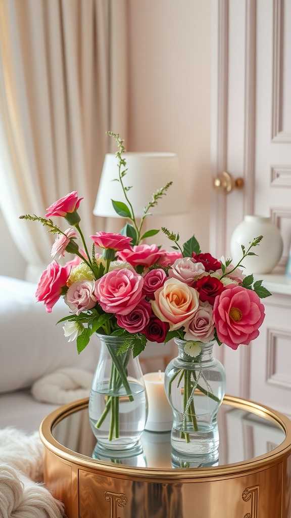 Beautiful floral arrangements in glass vases on a mirrored table in a stylish bedroom.