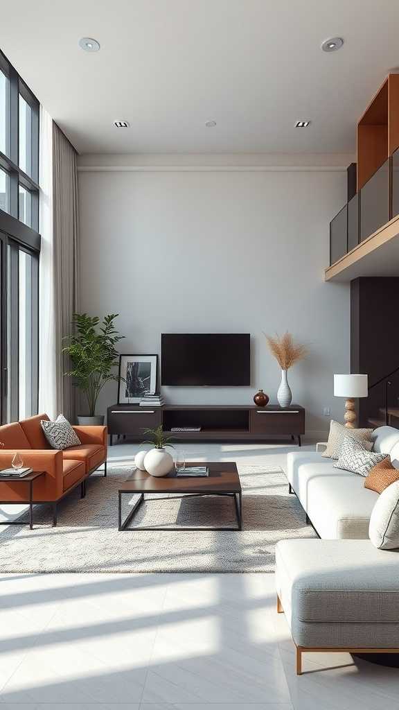 Modern minimalist living room with clean lines and geometric shapes