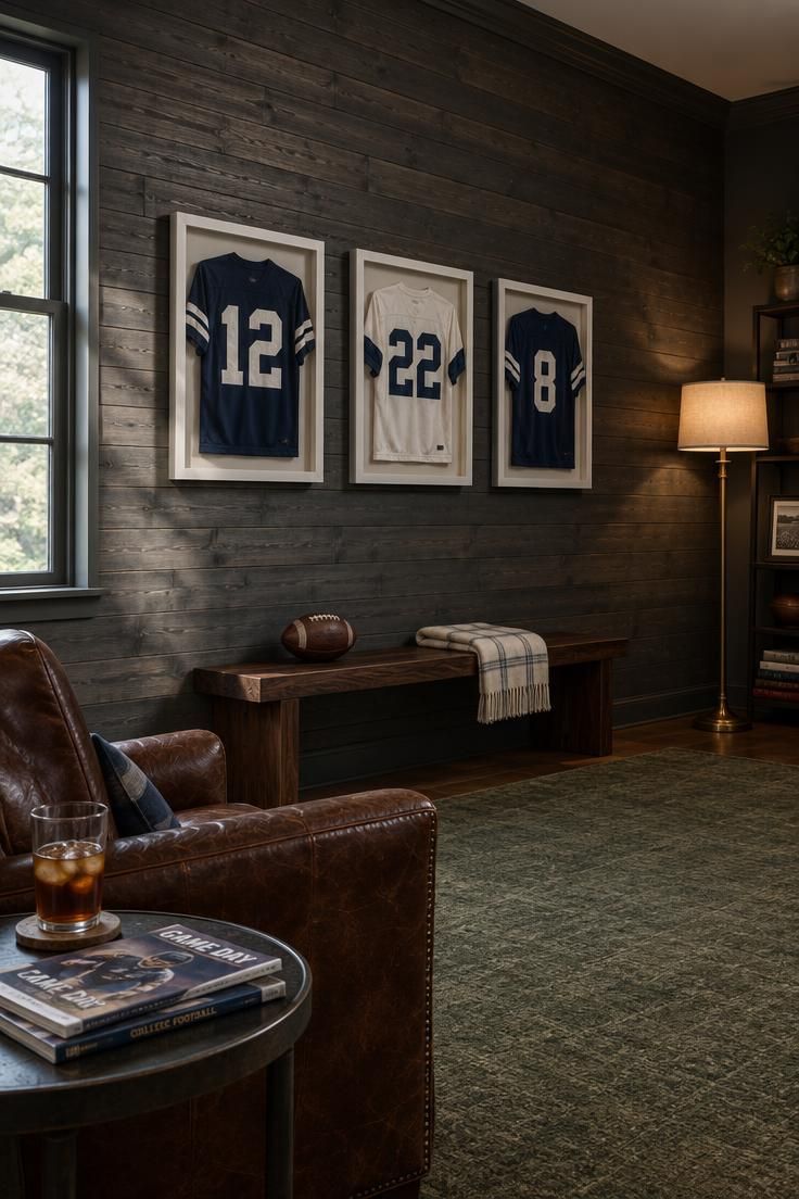 Dark gray horizontal wood slat wall with three white-framed shadow boxes holding navy and white jerseys above a low dark wood bench with a leather football and folded cream wool blanket.