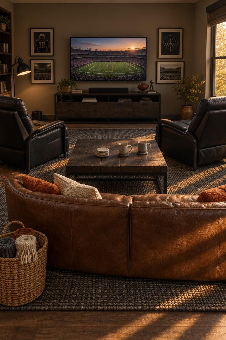 Brown leather sofa flanked by two black metal recliners with stadium-style armrests arranged in an arc on a charcoal woven rug, with orange and cream pillows and warm afternoon light.