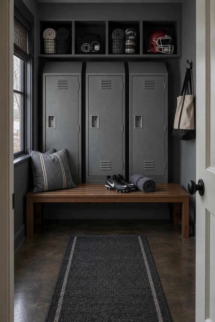 Three gray metal lockers with angled tops and wire baskets on open shelves above a wood slatted bench with gray canvas cushions and a red football helmet in one cubby.