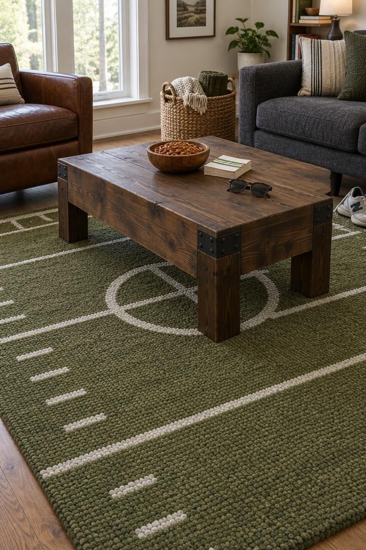 Green loop-pile rug with white painted yard-line stripes and a midfield circle motif under a dark pine trunk coffee table with metal corner brackets on a bright afternoon.