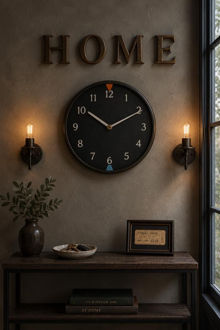 Black circular wall clock with white numerals and orange and blue accent wedges on a warm gray wall, with bronze metal channel letters spelling HOME above and black sconces on either side.