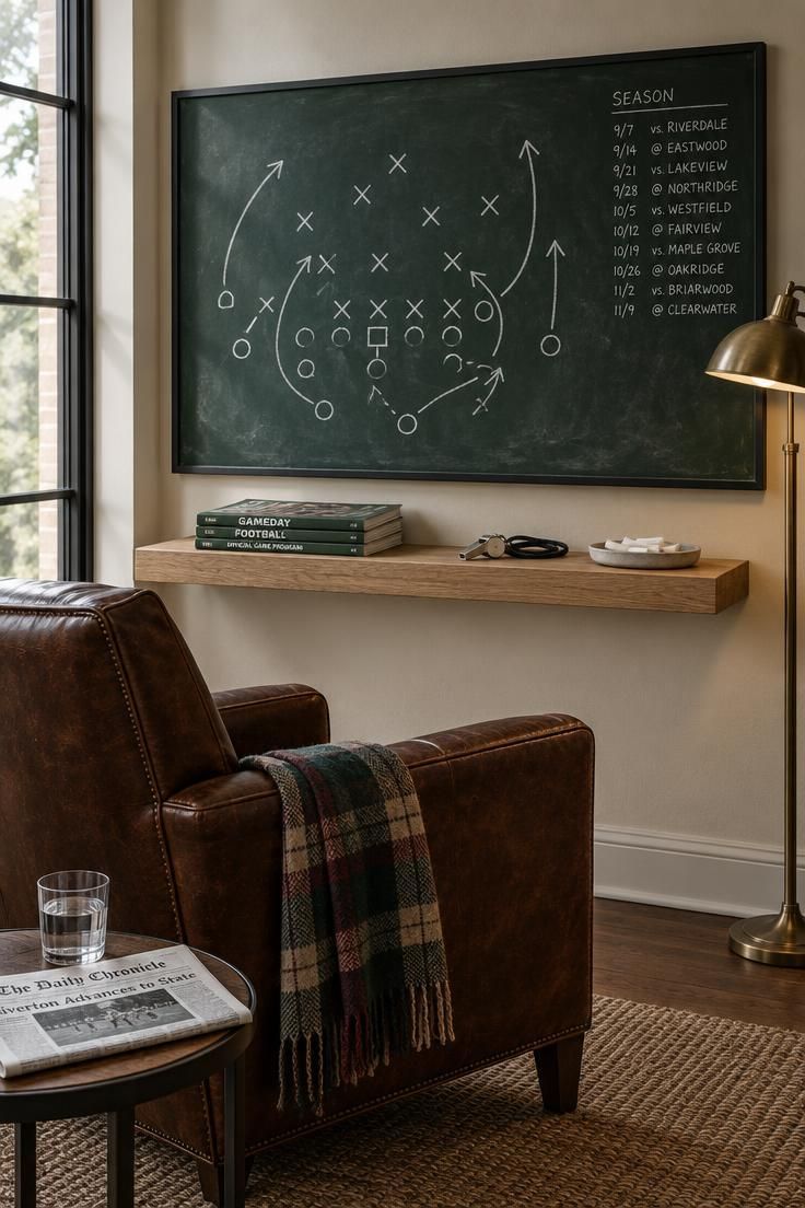 Dark green chalkboard wall with a white chalk play diagram and a natural oak floating shelf holding game programs, a silver whistle, and a tray of chalk.