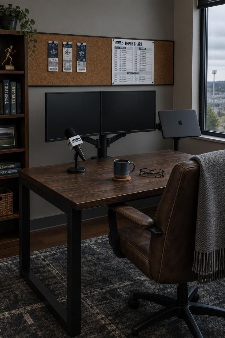 Dark oak desk with black steel legs holding a desktop microphone with a small white team flag, a triple monitor arm with two screens and a laptop, and a corkboard strip with ticket stubs behind it.