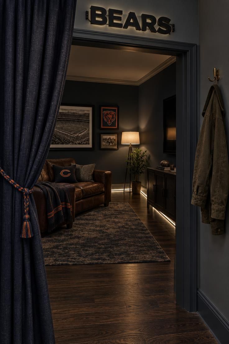 Dark team-color blackout curtain tied back at a doorway revealing a room with baseboard LED strip lights glowing along the lower wall and a black metal sign above the door.