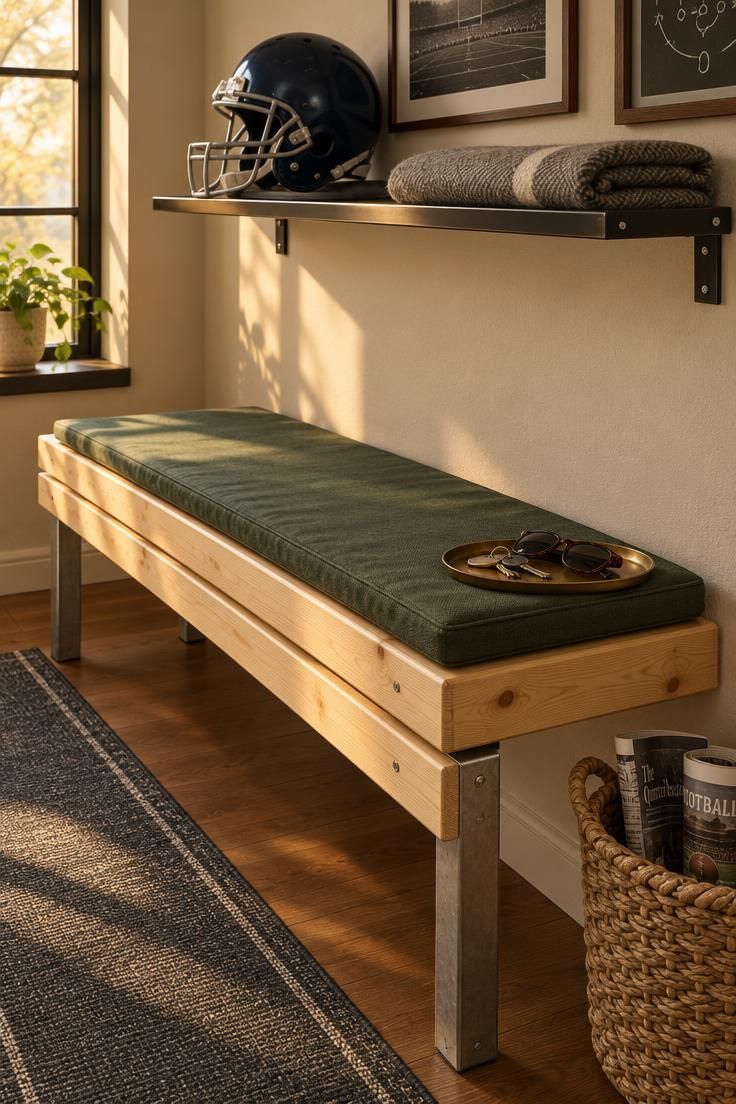 Light pine slatted bench with metal legs and a dark green canvas cushion in a corner, with a black metal shelf above holding a navy football helmet and a folded gray blanket.