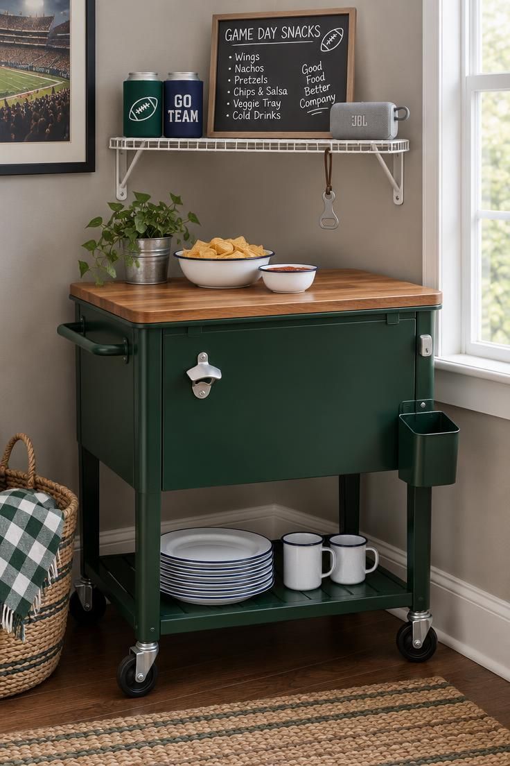 Dark green cooler cart with a wood top and white enamel plates on its lower shelf, with a white wire shelf above holding koozies, a bottle opener, and a small speaker.