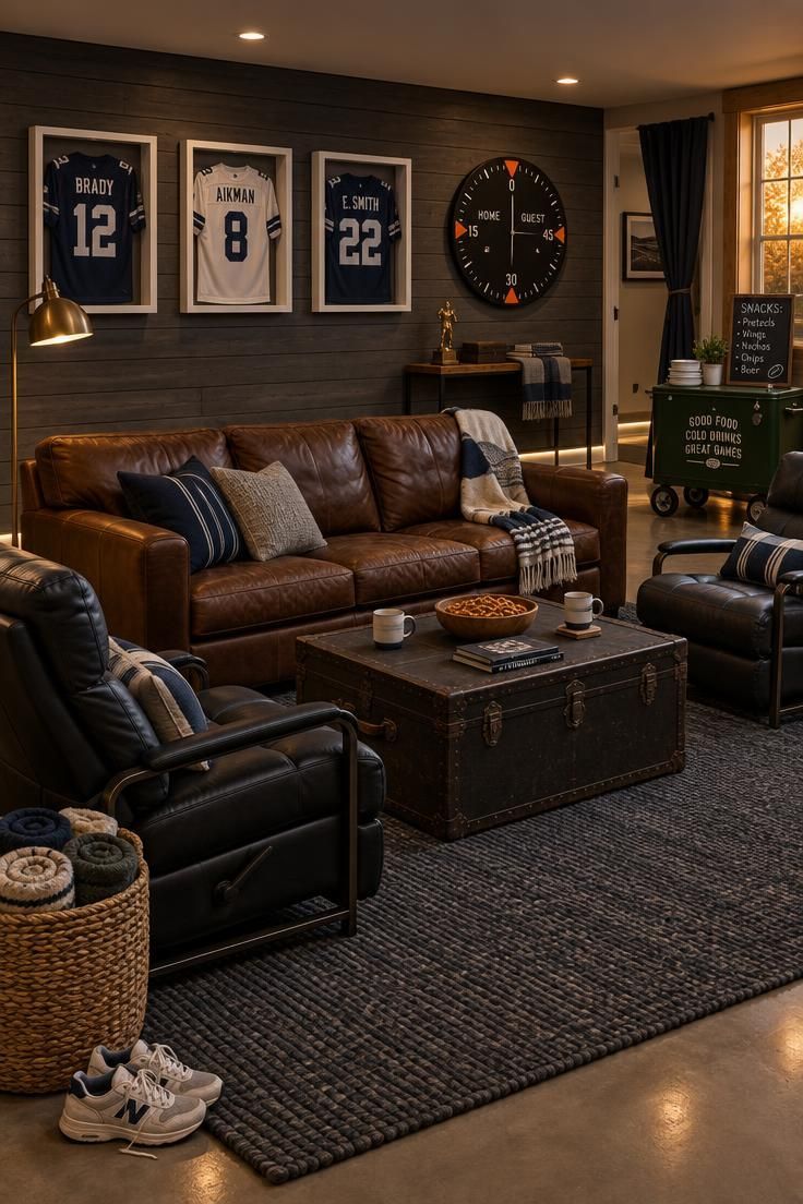 Cozy football den with a gray wood slat jersey wall, brown leather sofa and black recliners on a charcoal rug, a scoreboard-style clock, a green cooler cart, and a tied-back curtain at the doorway.