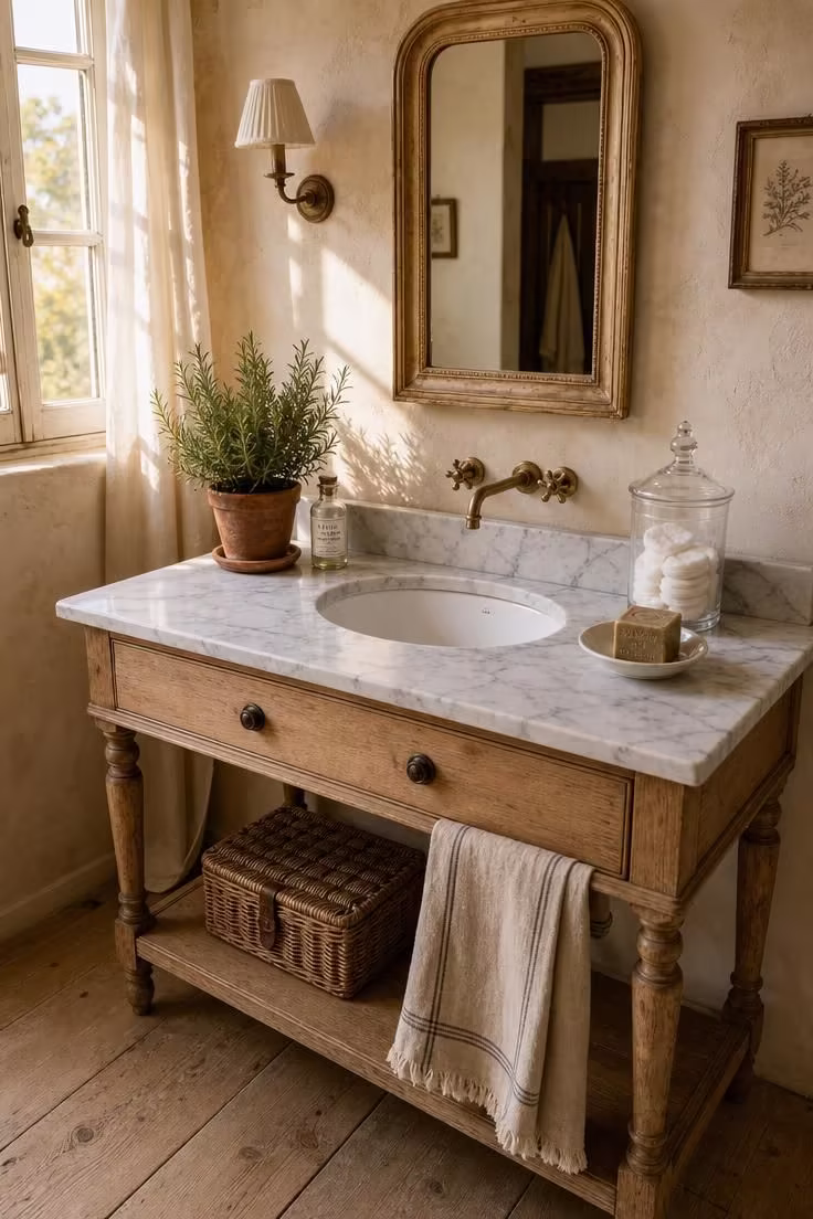 15 Cozy French Cottage Bathroom Ideas With Old World Calm 1 Honed Carrara marble countertop on a stripped oak washstand in a French cottage bathroom with warm golden light