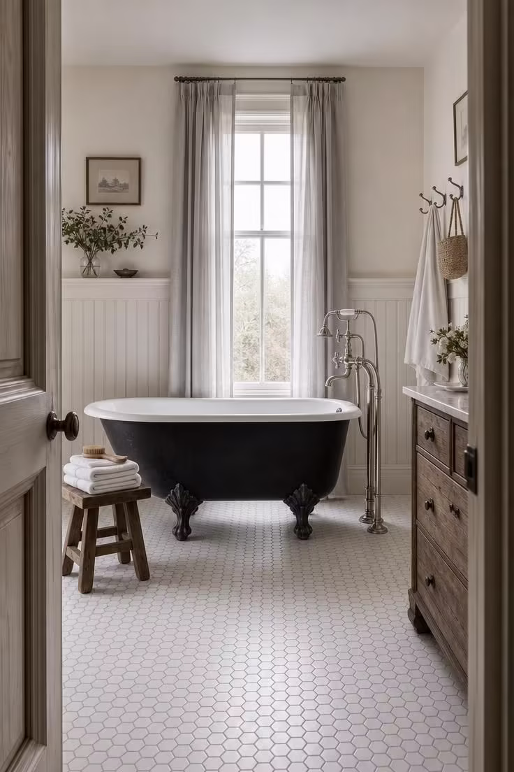 15 Cozy French Cottage Bathroom Ideas With Old World Calm 2 Matte white hexagonal floor tiles and a cast iron clawfoot tub in a French cottage bathroom with cool overcast light