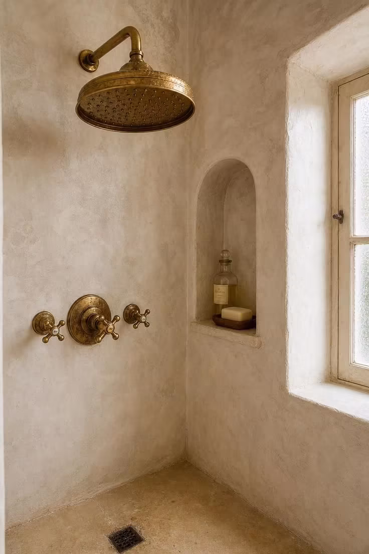15 Cozy French Cottage Bathroom Ideas With Old World Calm 3 Lime-washed plaster walls and aged brass rainfall showerhead in a French cottage bathroom with soft diffused light