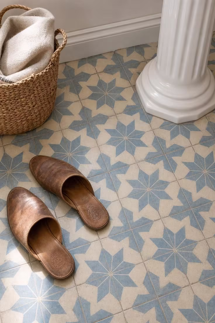15 Cozy French Cottage Bathroom Ideas With Old World Calm 4 Encaustic cement tile floor in a blue and cream pattern in a French cottage bathroom with bright midday light