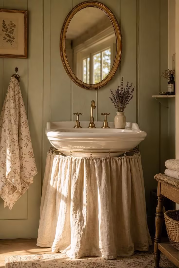 15 Cozy French Cottage Bathroom Ideas With Old World Calm 5 Skirted pedestal sink with a gathered linen curtain and vintage mirror in a French cottage bathroom with warm golden light