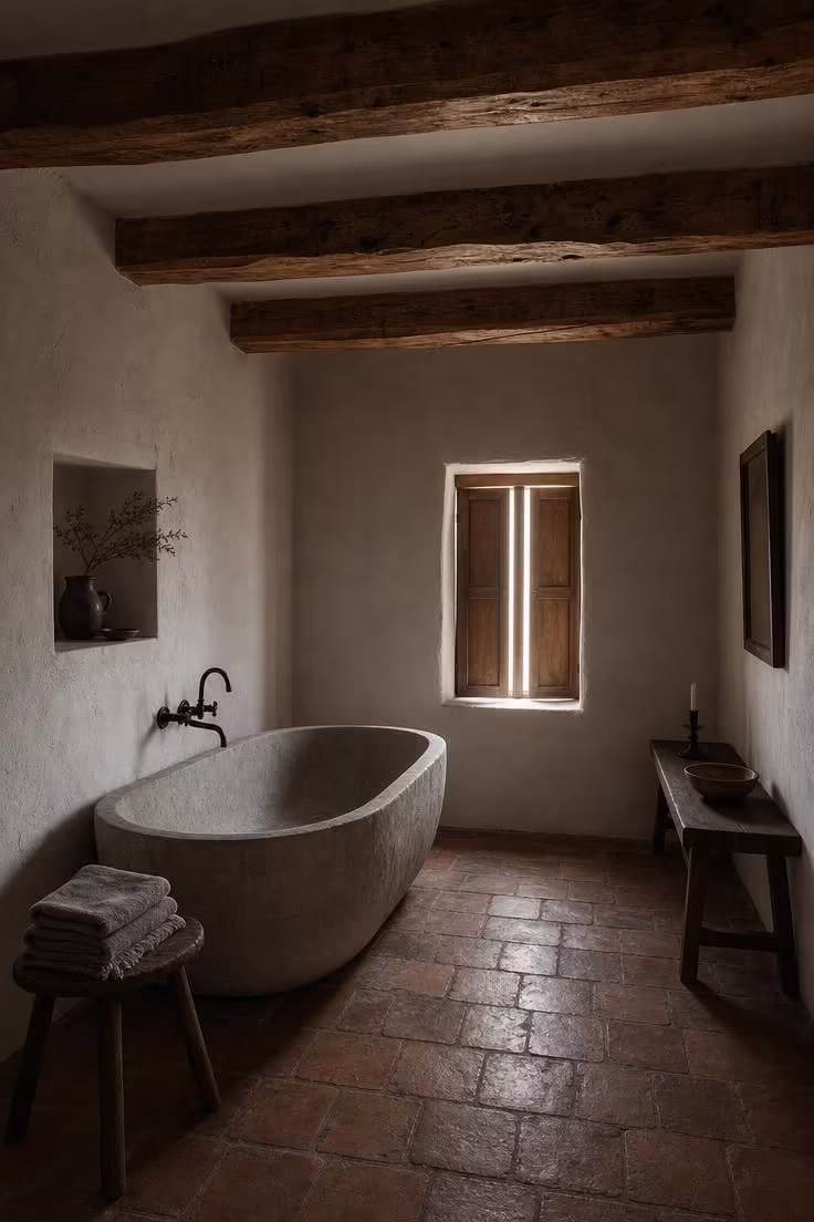 15 Cozy French Cottage Bathroom Ideas With Old World Calm 6 Reclaimed pine ceiling beams over a freestanding stone tub in a French cottage bathroom with moody low light