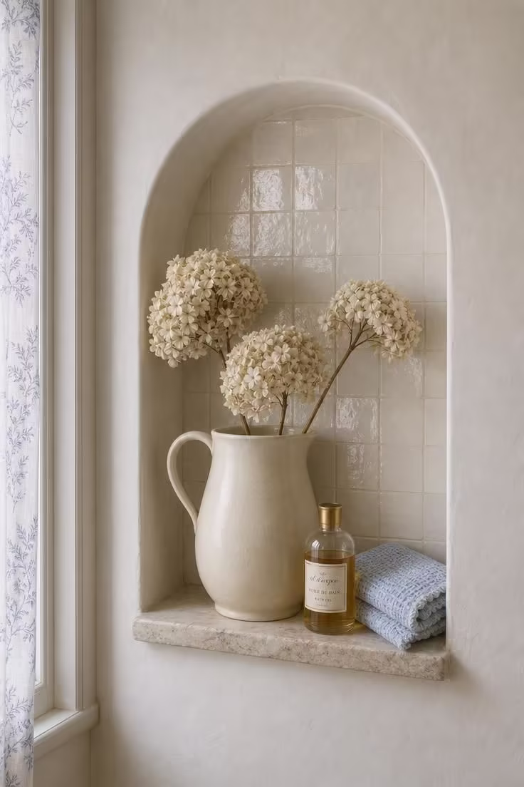 15 Cozy French Cottage Bathroom Ideas With Old World Calm 7 Arched plaster niche with hand-glazed zellige tiles in a French cottage bathroom with cool overcast light