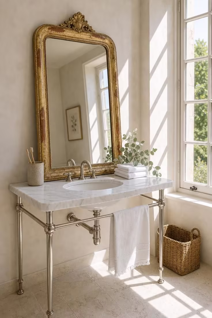 15 Cozy French Cottage Bathroom Ideas With Old World Calm 8 Antique gilt mirror above a marble console sink in a French cottage bathroom with bright midday light