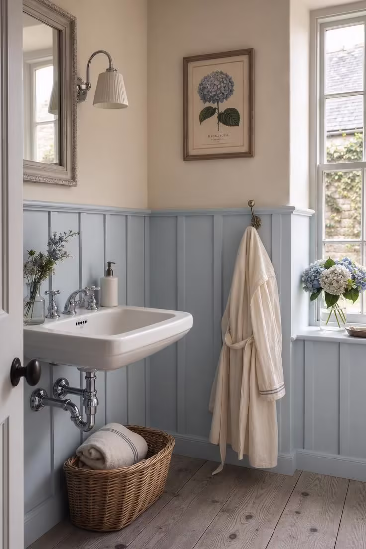 15 Cozy French Cottage Bathroom Ideas With Old World Calm 9 Board-and-batten wainscoting in pale powder blue in a French cottage bathroom with soft diffused light