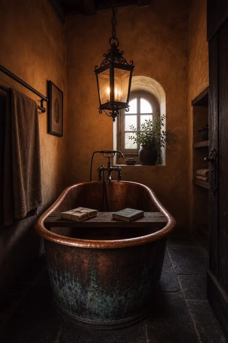 15 Cozy French Cottage Bathroom Ideas With Old World Calm 10 Wrought iron lantern pendant over a copper soaking tub in a French cottage bathroom with moody low light