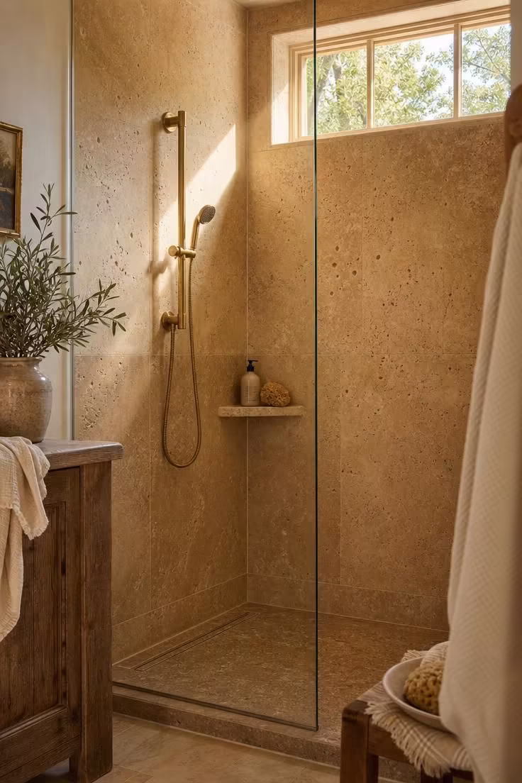 15 Cozy French Cottage Bathroom Ideas With Old World Calm 11 Travertine slab shower surround with a frameless glass panel in a French cottage bathroom with warm golden light