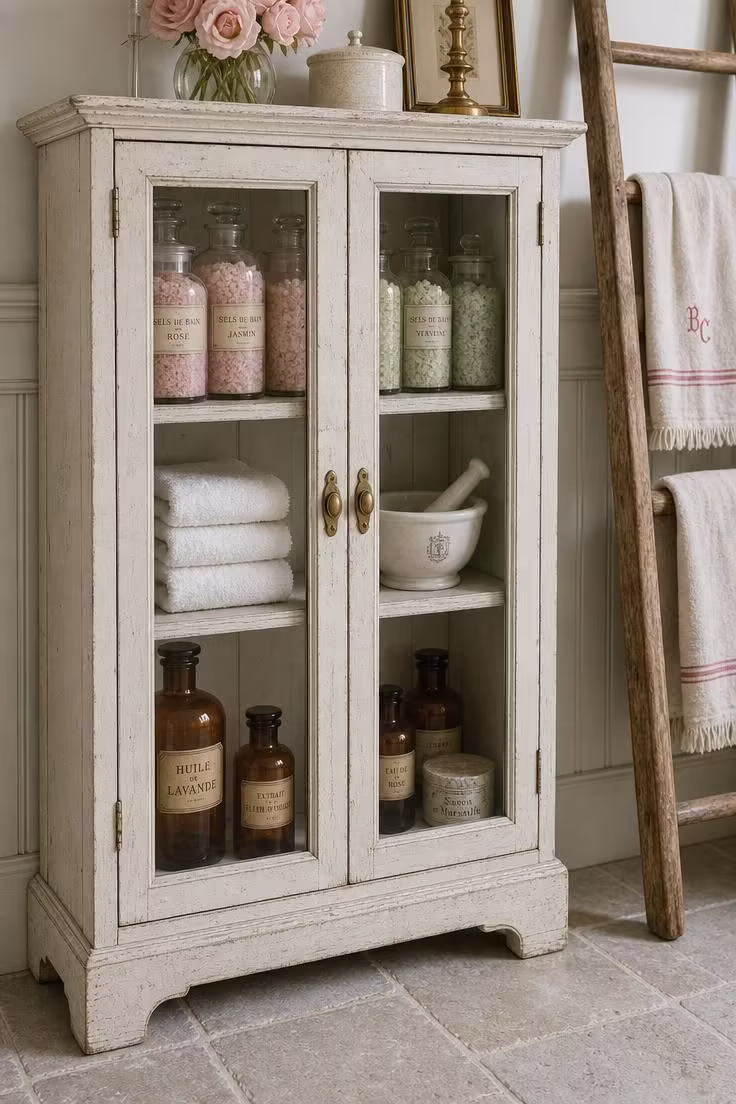 15 Cozy French Cottage Bathroom Ideas With Old World Calm 12 Vintage apothecary cabinet with glass doors and brass pulls in a French cottage bathroom with cool overcast light
