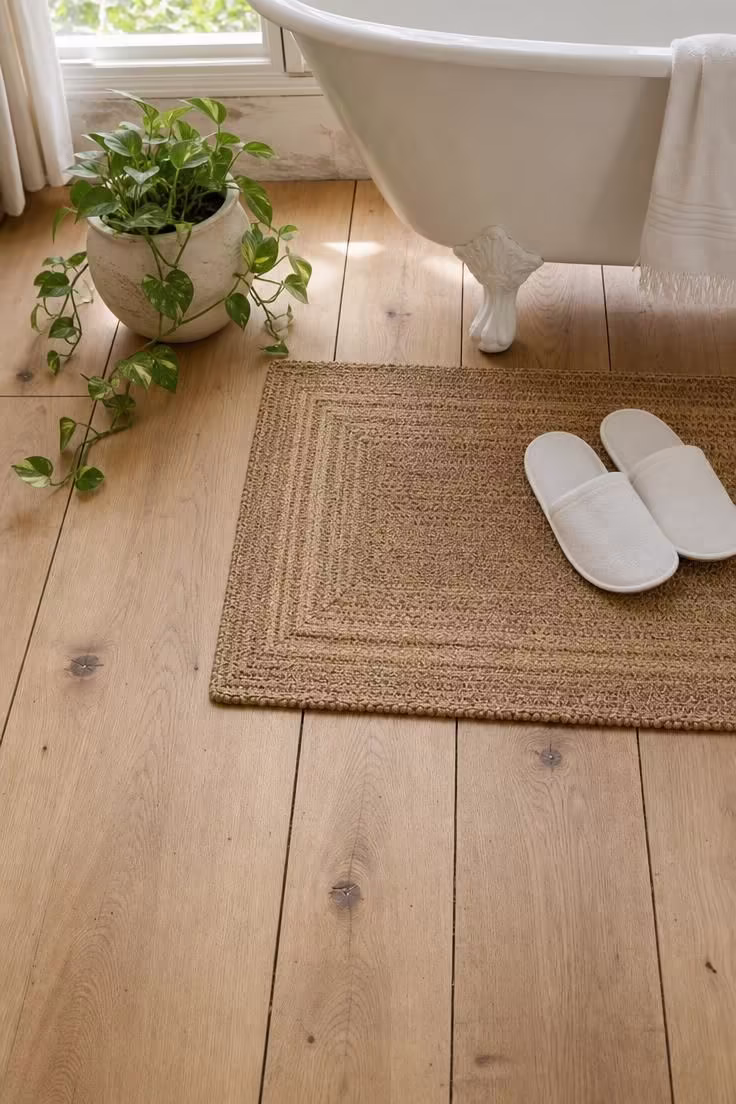 15 Cozy French Cottage Bathroom Ideas With Old World Calm 13 Wide-plank white oak floor with a woven jute bath mat in a French cottage bathroom with bright midday light