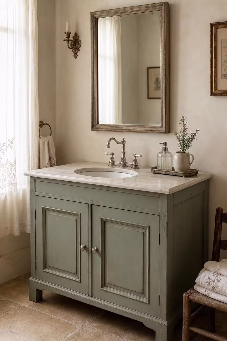 15 Cozy French Cottage Bathroom Ideas With Old World Calm 14 Celadon green freestanding vanity with nickel cross-handle faucet in a French cottage bathroom with soft diffused light