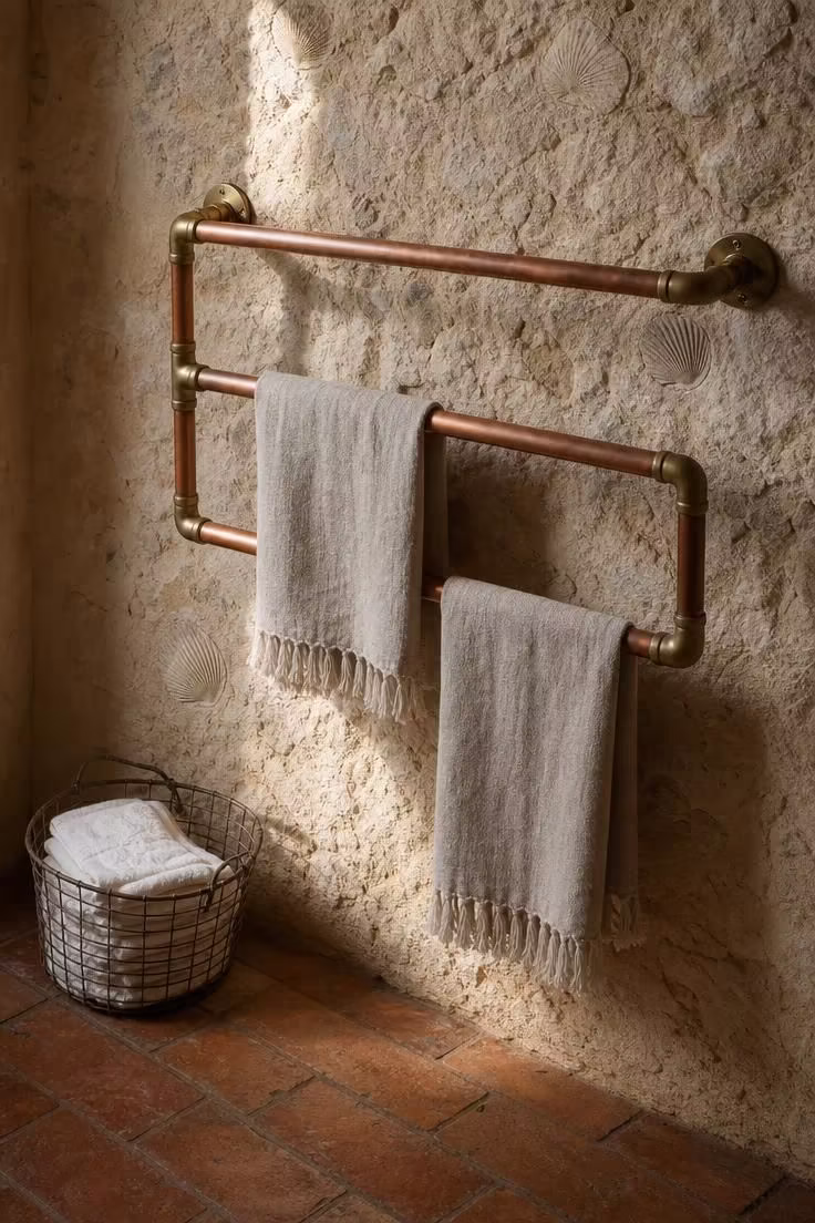 15 Cozy French Cottage Bathroom Ideas With Old World Calm 15 Exposed copper pipe towel rail beside a limestone wall in a French cottage bathroom with moody low light