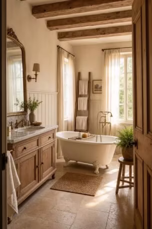 A complete French cottage bathroom with clawfoot tub, stripped oak washstand, and aged brass fixtures in warm golden afternoon light