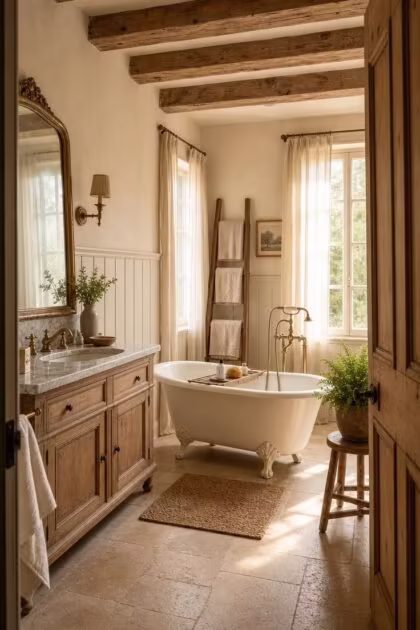 15 Cozy French Cottage Bathroom Ideas With Old World Calm A complete French cottage bathroom with clawfoot tub, stripped oak washstand, and aged brass fixtures in warm golden afternoon light