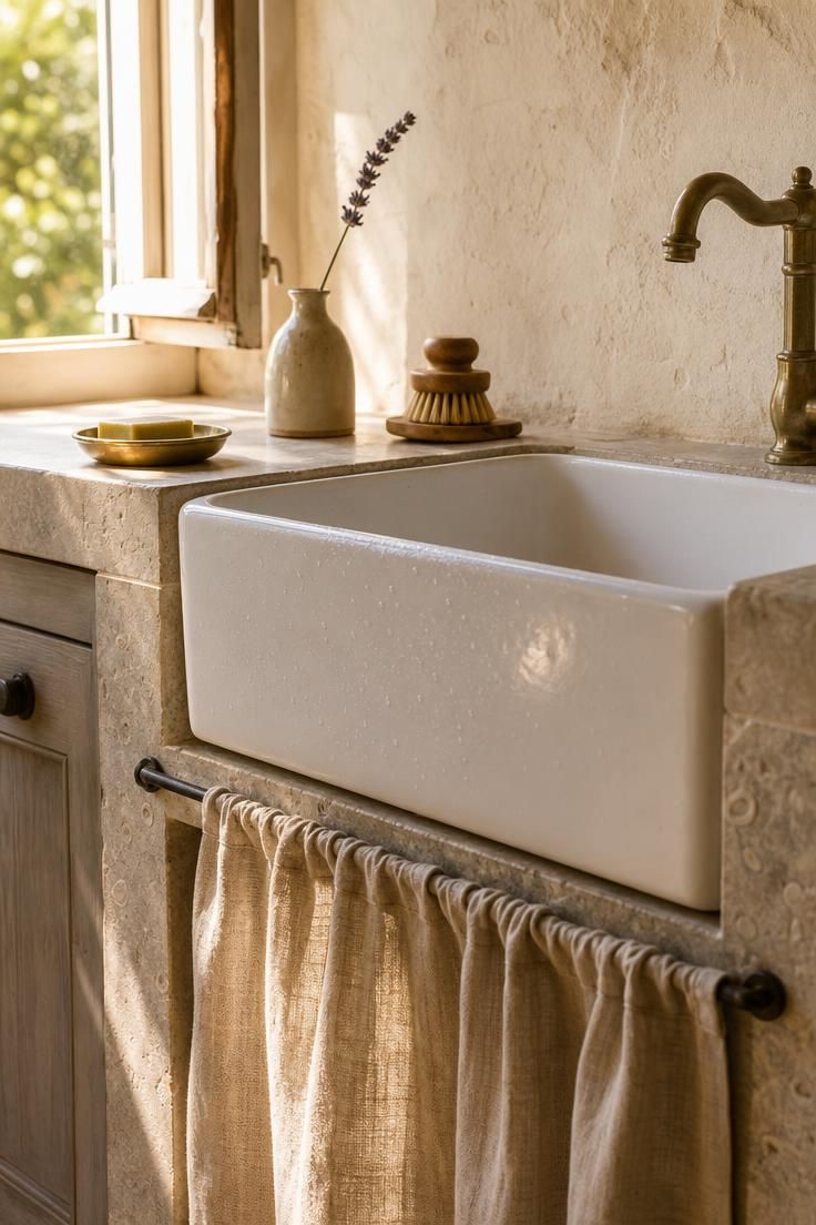 Thick limestone slab surrounding a white fireclay farmhouse sink with raw linen café curtains below in a french cottage kitchen bathed in warm afternoon light.