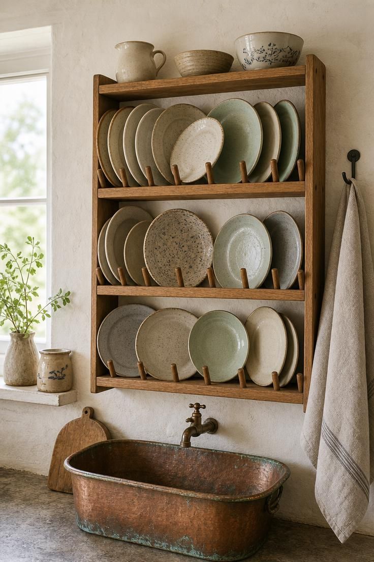 Wall-mounted oiled oak plate rack holding mismatched stoneware above a hammered copper basin in a bright french cottage kitchen.