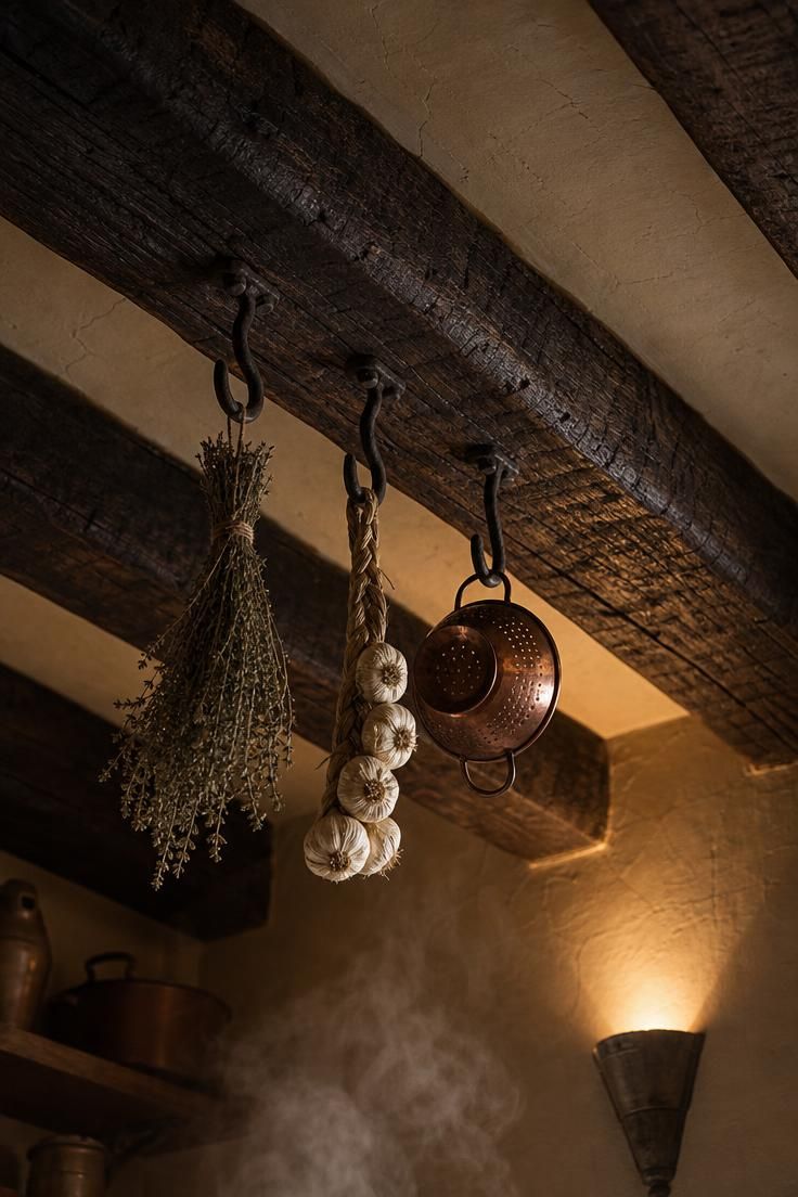 Low-angle view of rough-hewn chestnut ceiling beams with iron meat hooks holding dried herbs and a copper colander in a moody french cottage kitchen.